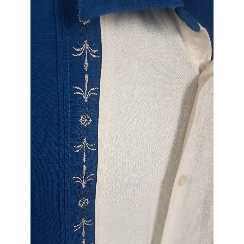 Cubavera Sz. 3x Blue & Ivory Linen Button Up Short Sleeve Embroidered Shirt - Picture 5 of 7